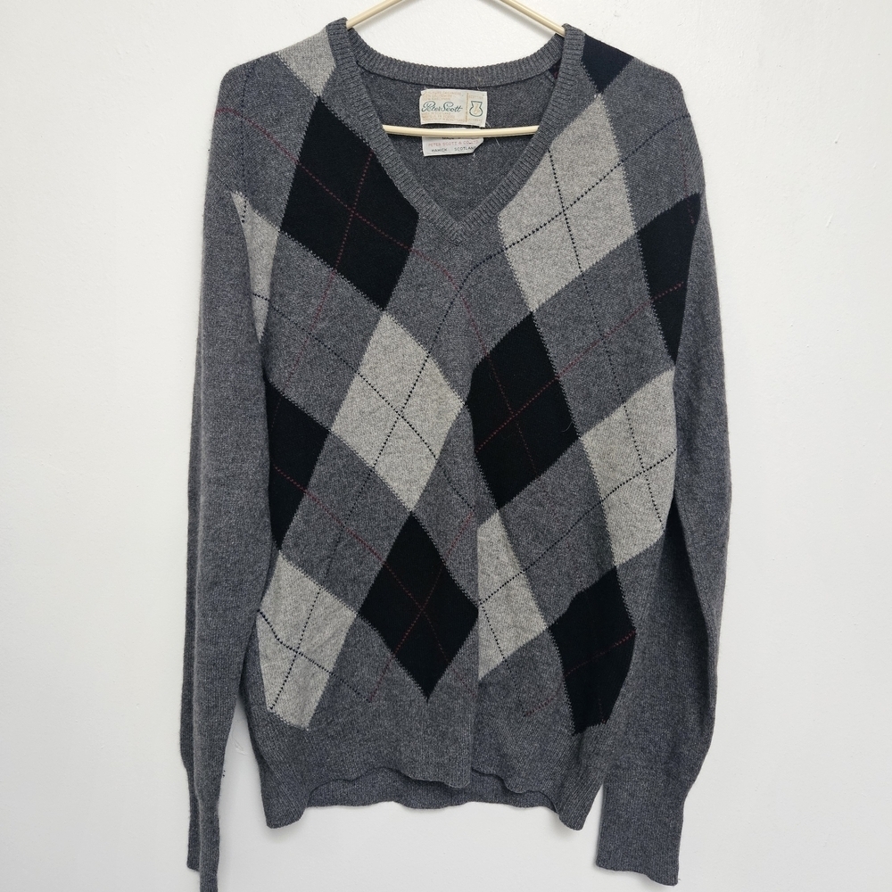 Vintage 80s Peter Scott Gray Argyle 100% Cashemere Sz L V-Neck Pullover Sweater